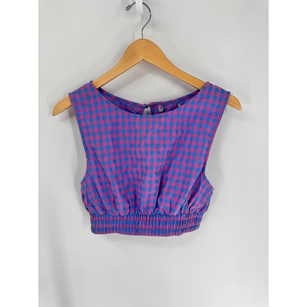 Charlie Holiday Elena Gingham Crop Top Women Est Sz XS Pink Blue Sleeveless - Picture 4 of 14